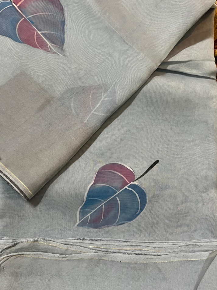 Grey Hand Painted Leaves Saree