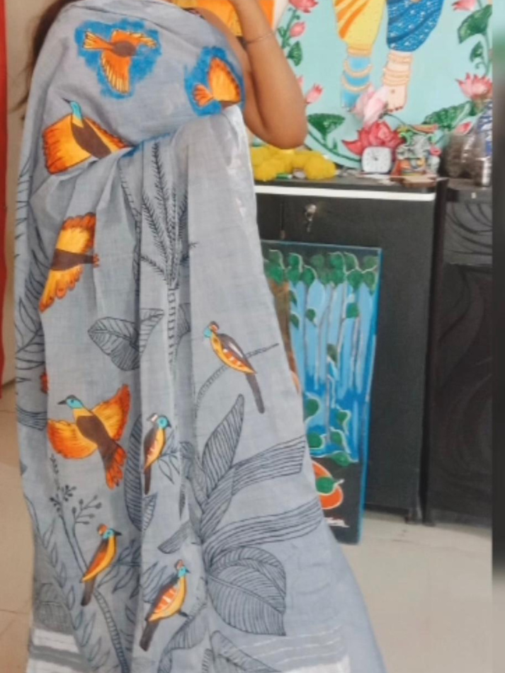 Grey Linen Hand-painted Saree