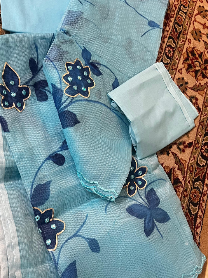 Hand-Painted Kota Doria Dress Material with Lining