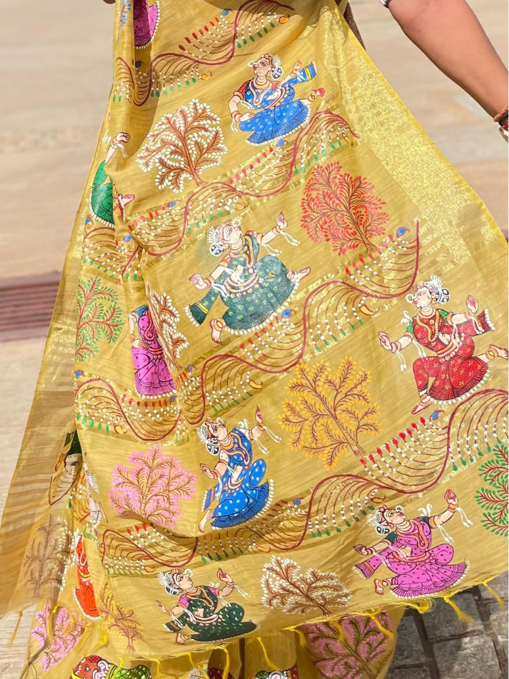 Dancing Ladies Hand Painted Pattachitra Linen Saree