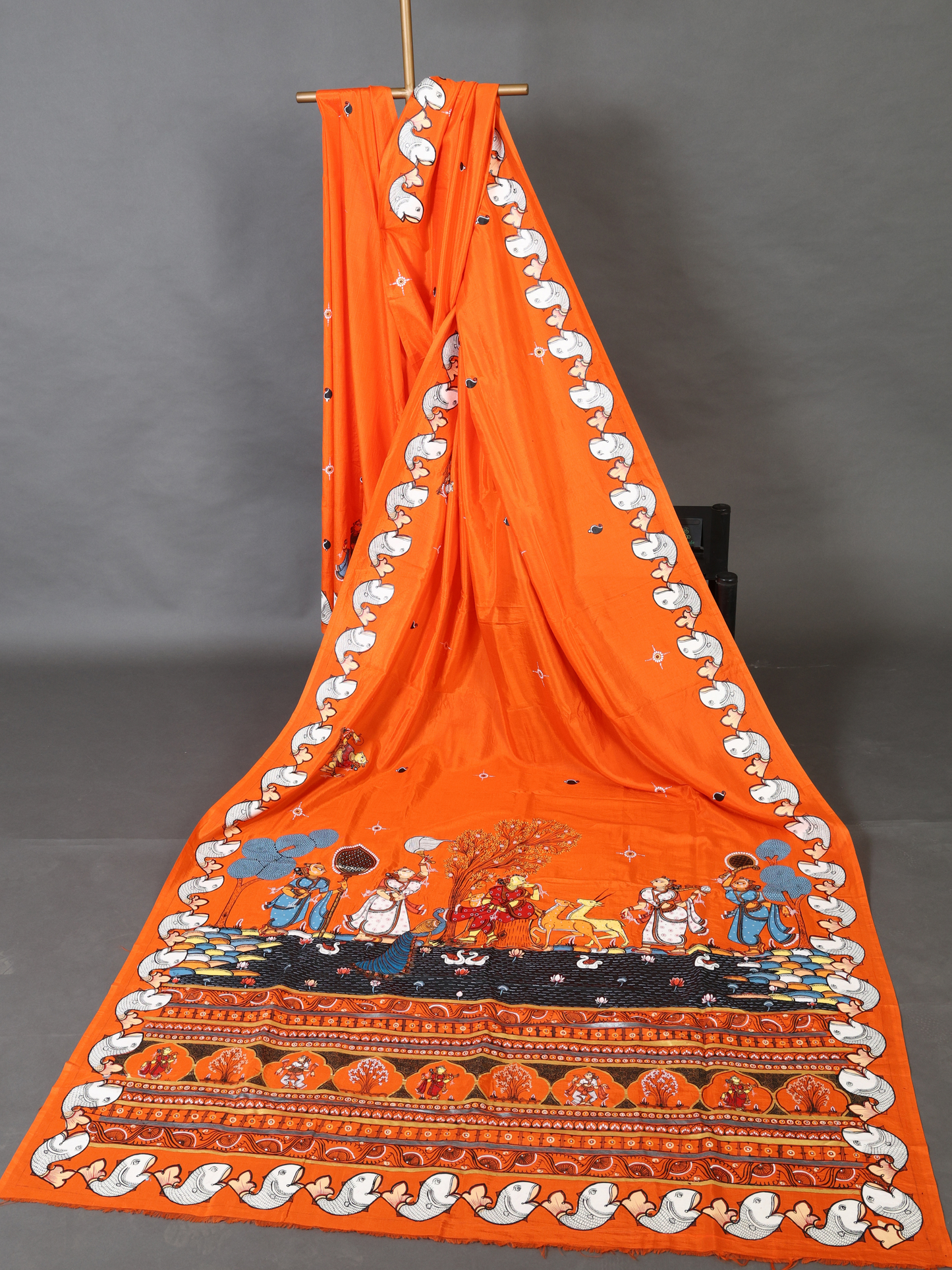 Orange Crepe Saree with Pattachitra Art