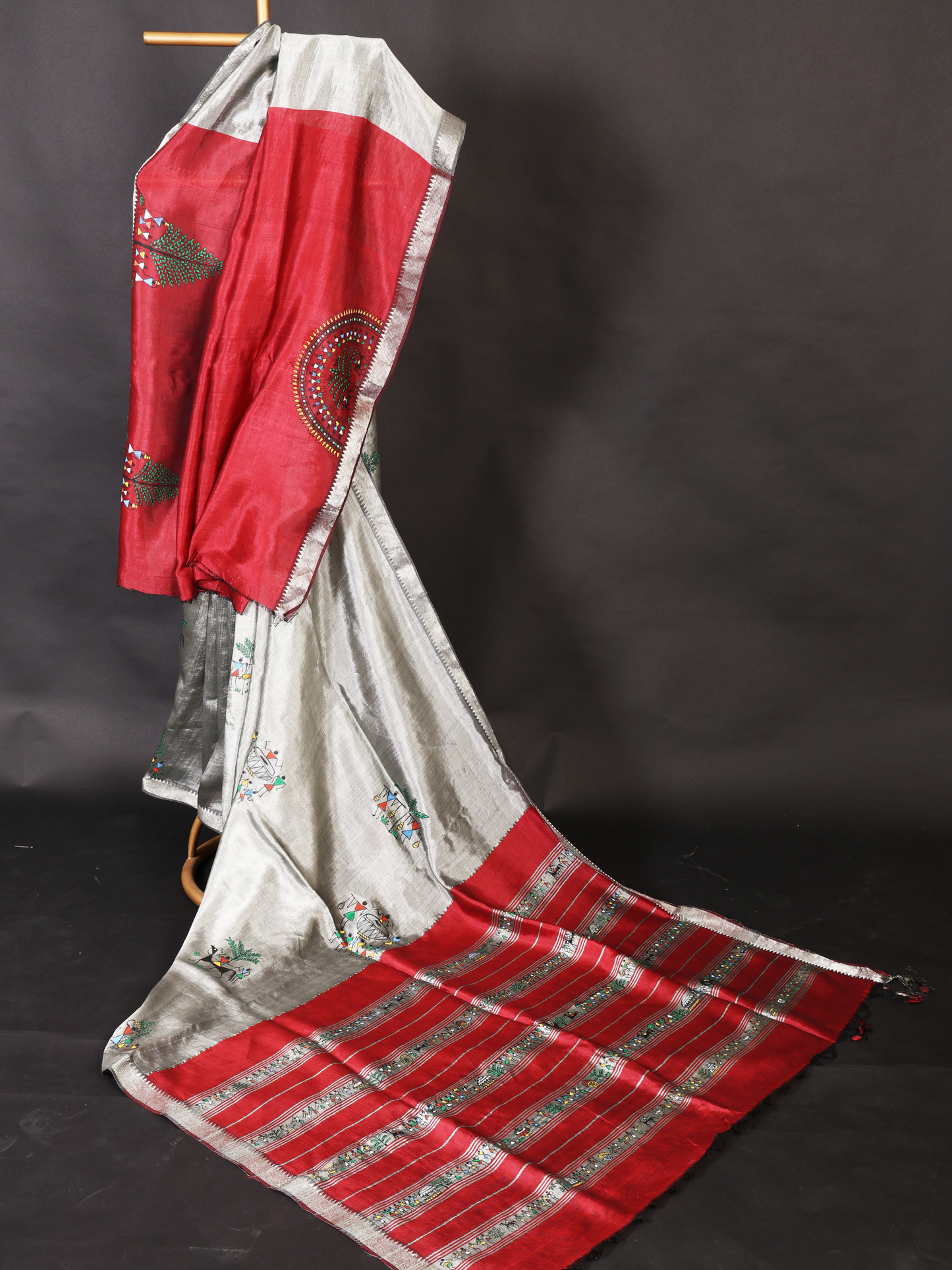 Odia Warli Red and Grey Mysore Silk Hand Painted Saree