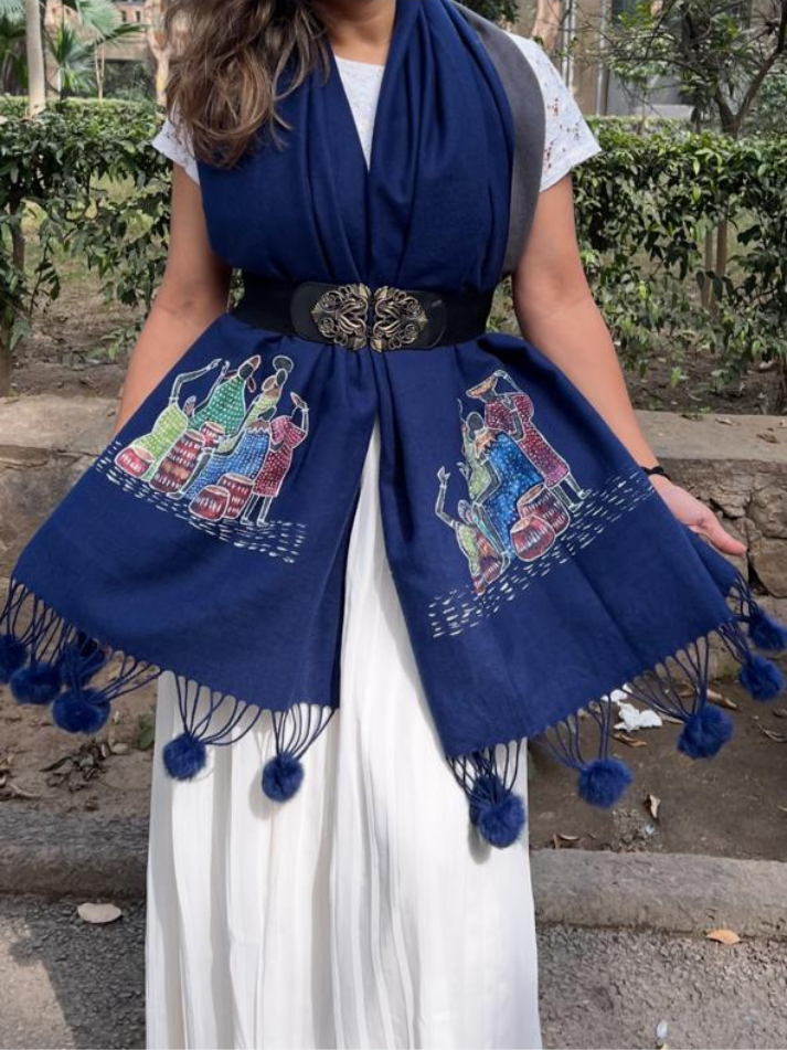 Gond Art Hand-Painted Woman Empowerment Woolen Shawl