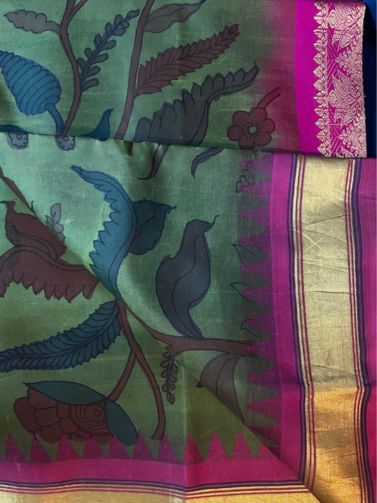 Pen Kalamkari Green Saree