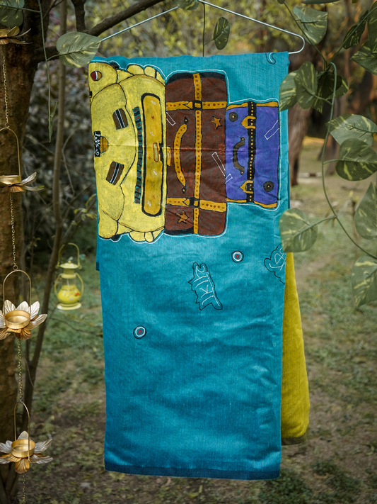 Blue & Yellow Printed Saree