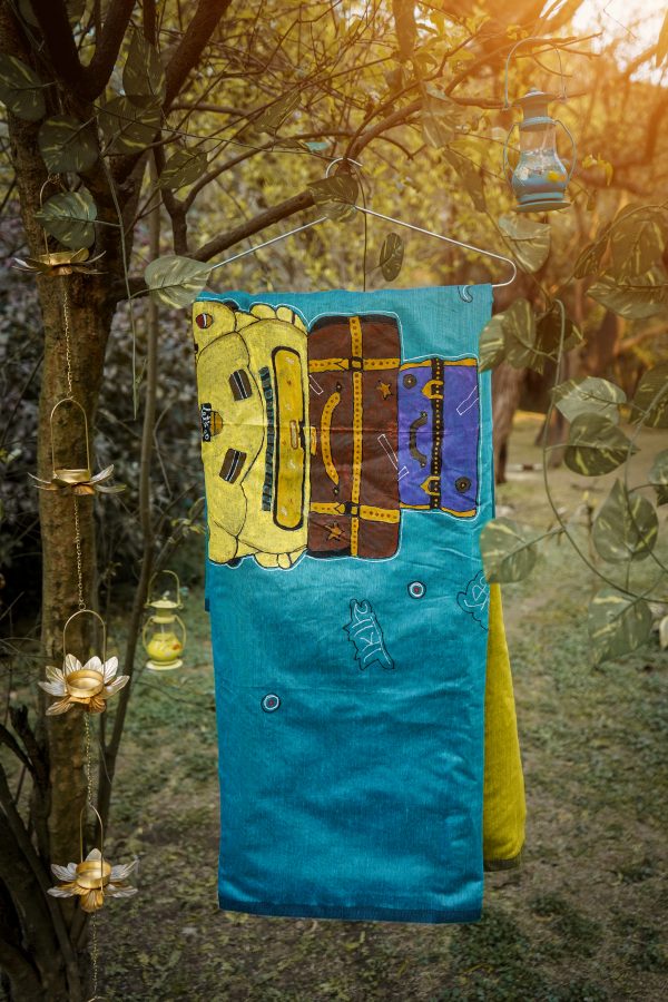 Blue & Yellow Printed Saree